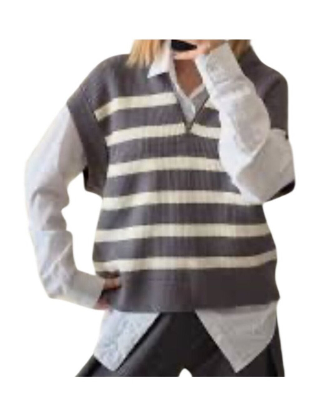 Zara Women's Small Gray & White Striped Half-Zip Knit Sweater Vest